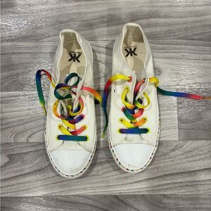 Kook n Keech White Sneakers with Rainbow Stripe & Gradient Laces – US 8